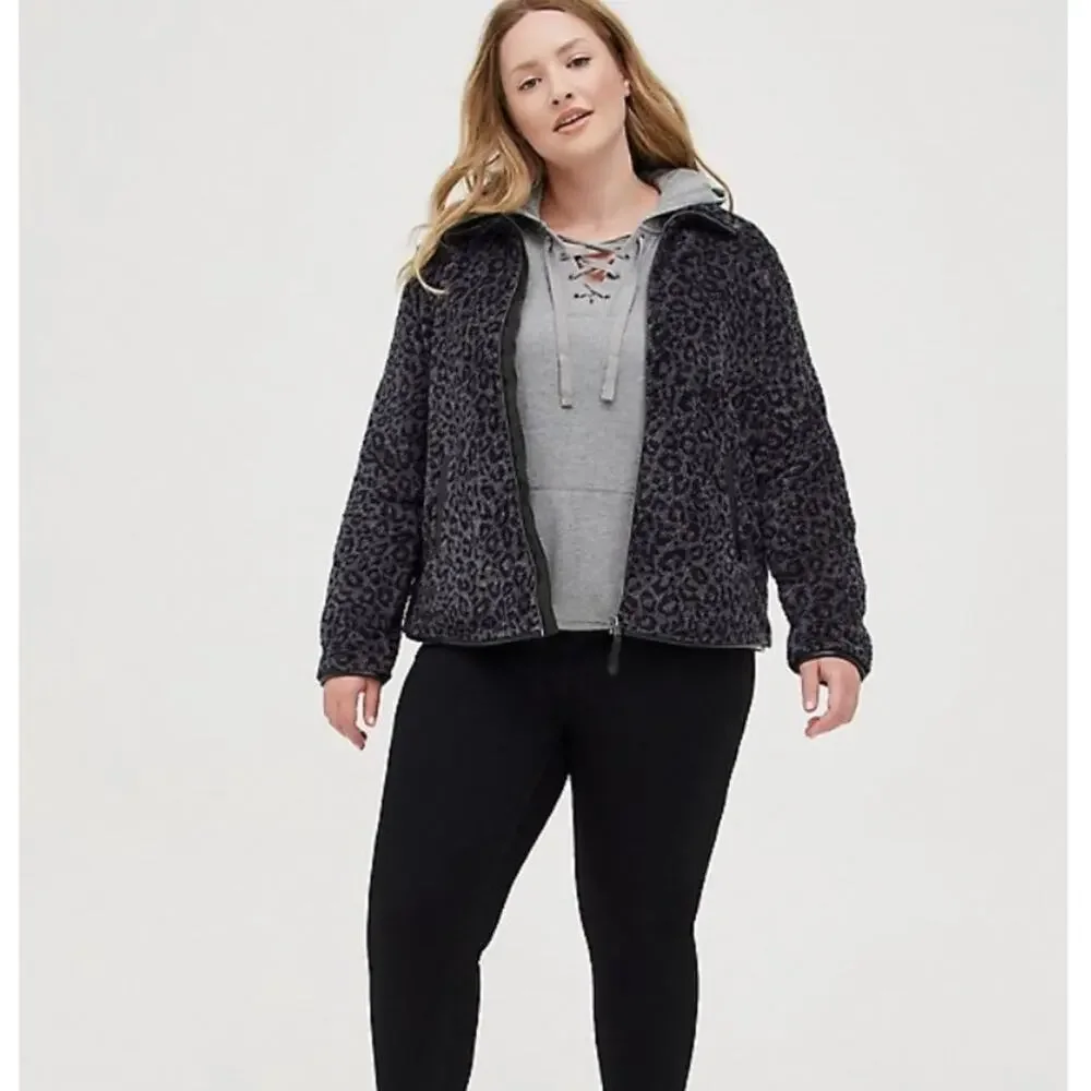 Torrid charcoal grey leopard Pu Trim Zip Front Sherpa